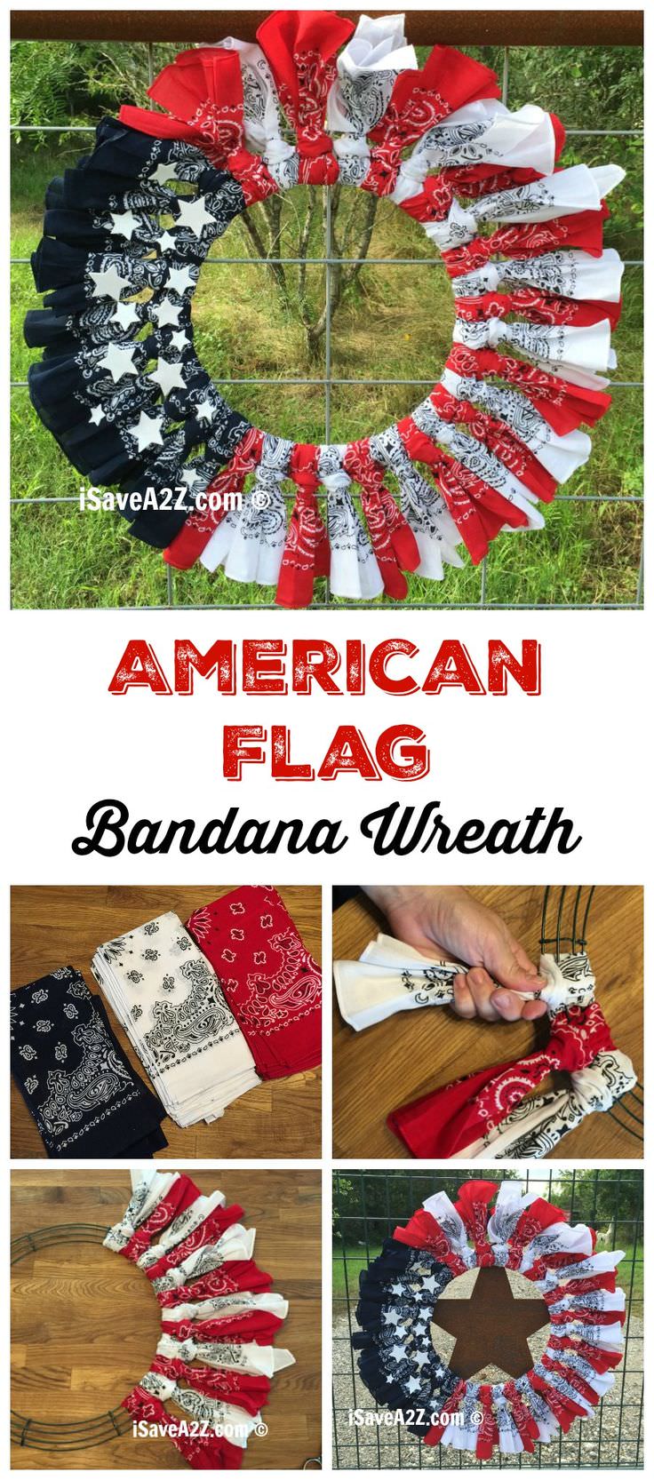 Show off your American spirit with this great bandana wreath. Check out to learn more about red, white and blue bandana flag wreath craft idea.