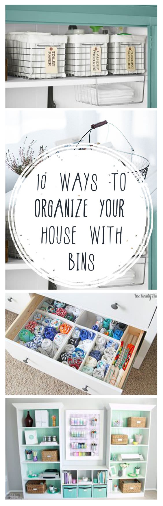 It's easy to organize your house with bins using these ideas. Use them to store clothes, organize files, your cleaning supplies and much more!